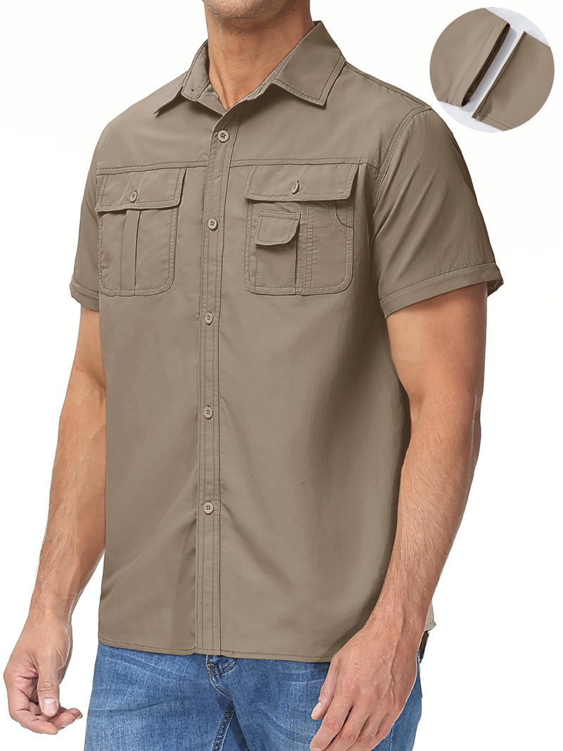 TACVASEN Men's Convertible Long Sleeve Fishing Shirts Tactical Work UV Shirts for Construction Cargo Collar Workwear Khaki, XL - Image 3